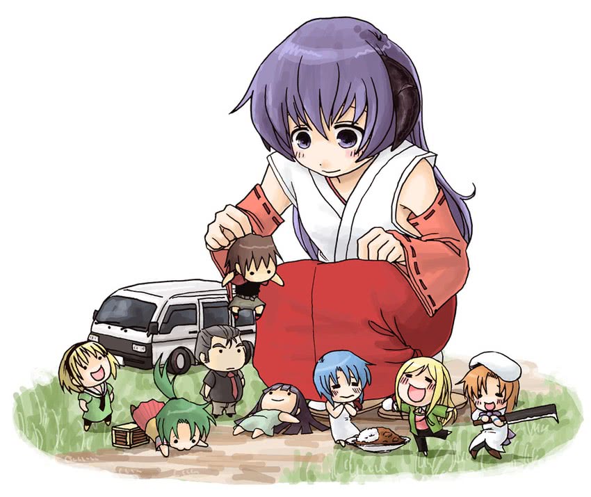 furude rika, ryuuguu rena, houjou satoko, sonozaki mion, hanyuu, and 4 more (higurashi no naku koro ni) drawn by abekawa
