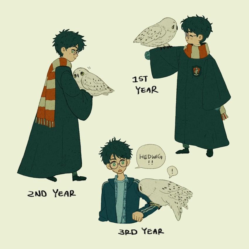 harry potter and hedwig (wizarding world and 1 more) drawn by helen_jee