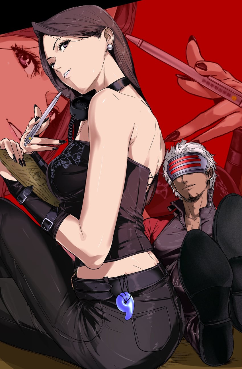 dante, mia fey, trish, and godot (ace attorney and 1 more) drawn by amikoiiko