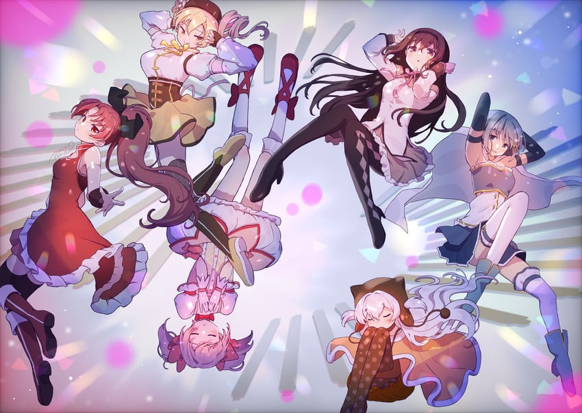 akemi homura, kaname madoka, miki sayaka, sakura kyoko, tomoe mami, and 1 more (mahou shoujo madoka magica) drawn by asukaru_(magika_ru)