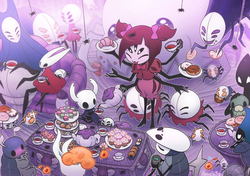 knight, muffet, hornet, quirrel, broken vessel, and 6 more (undertale and 1 more) drawn by bano_akira
