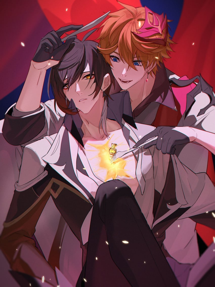 zhongli and tartaglia (genshin impact) drawn by yunifengxia