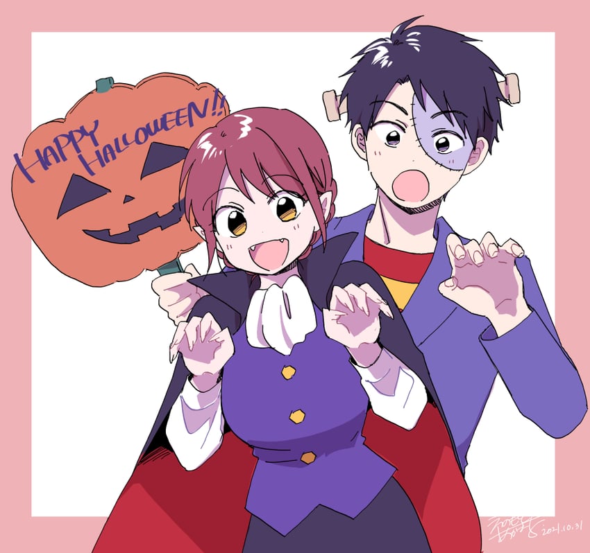 frankenstein's monster, mitsuya yui, and tateishi masugu (kono kaisha ni suki na hito ga imasu) drawn by akmr_enmt