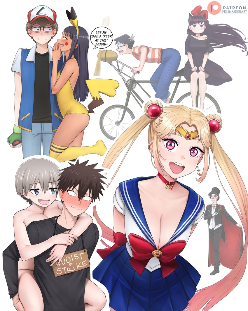 pikachu, ash ketchum, kitagawa marin, sailor moon, komi shouko, and 10 more (pokemon and 6 more) drawn by dismaiden