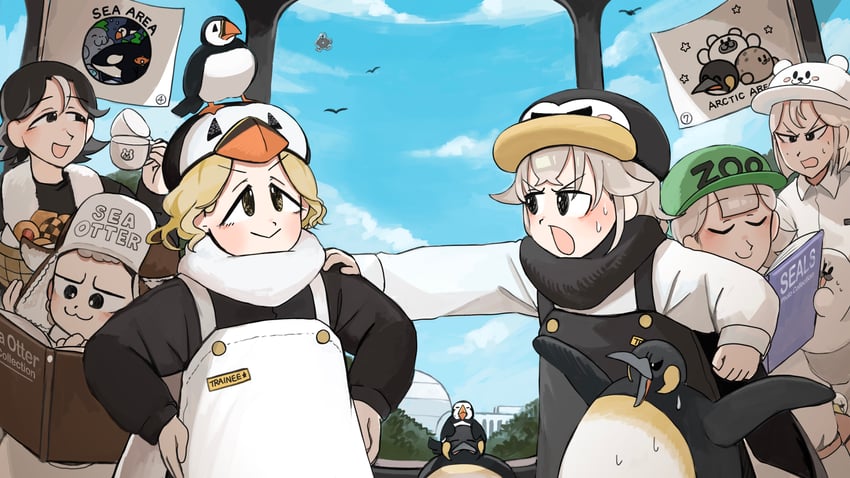 penguin keeper, seal keeper, polar bear keeper, orca keeper, sea otter keeper, and 1 more (zookeepers) drawn by diva_(hyxpk)