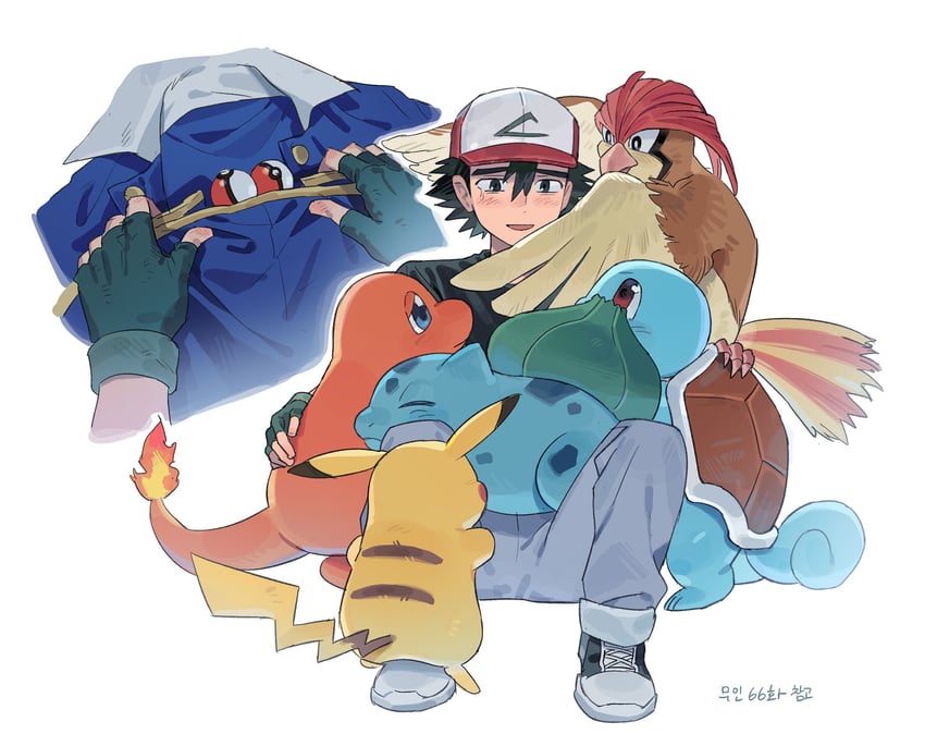 pikachu, ash ketchum, bulbasaur, squirtle, and pidgeotto (pokemon) drawn by p_oxo7