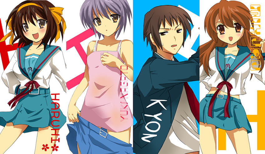 suzumiya haruhi, nagato yuki, asahina mikuru, and kyon (suzumiya haruhi no yuuutsu) drawn by hayama_eishi