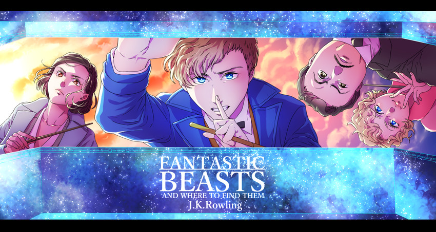 newt scamander, queenie goldstein, porpentina goldstein, and jacob kowalski (wizarding world and 1 more) drawn by takamon_(kyu_horaiman)