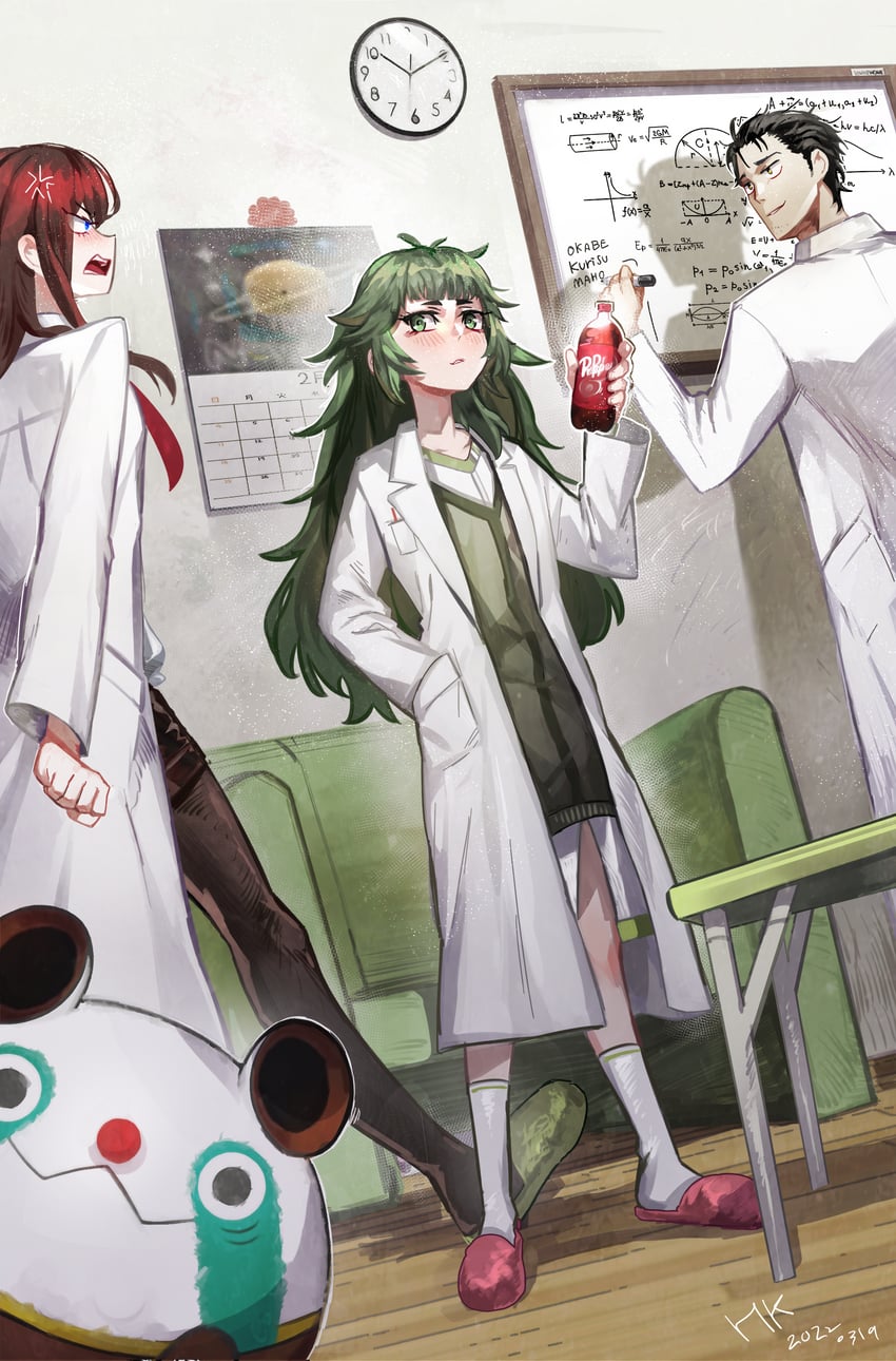 makise kurisu, okabe rintarou, hiyajou maho, and upa (steins;gate and 1 more) drawn by hyeongang