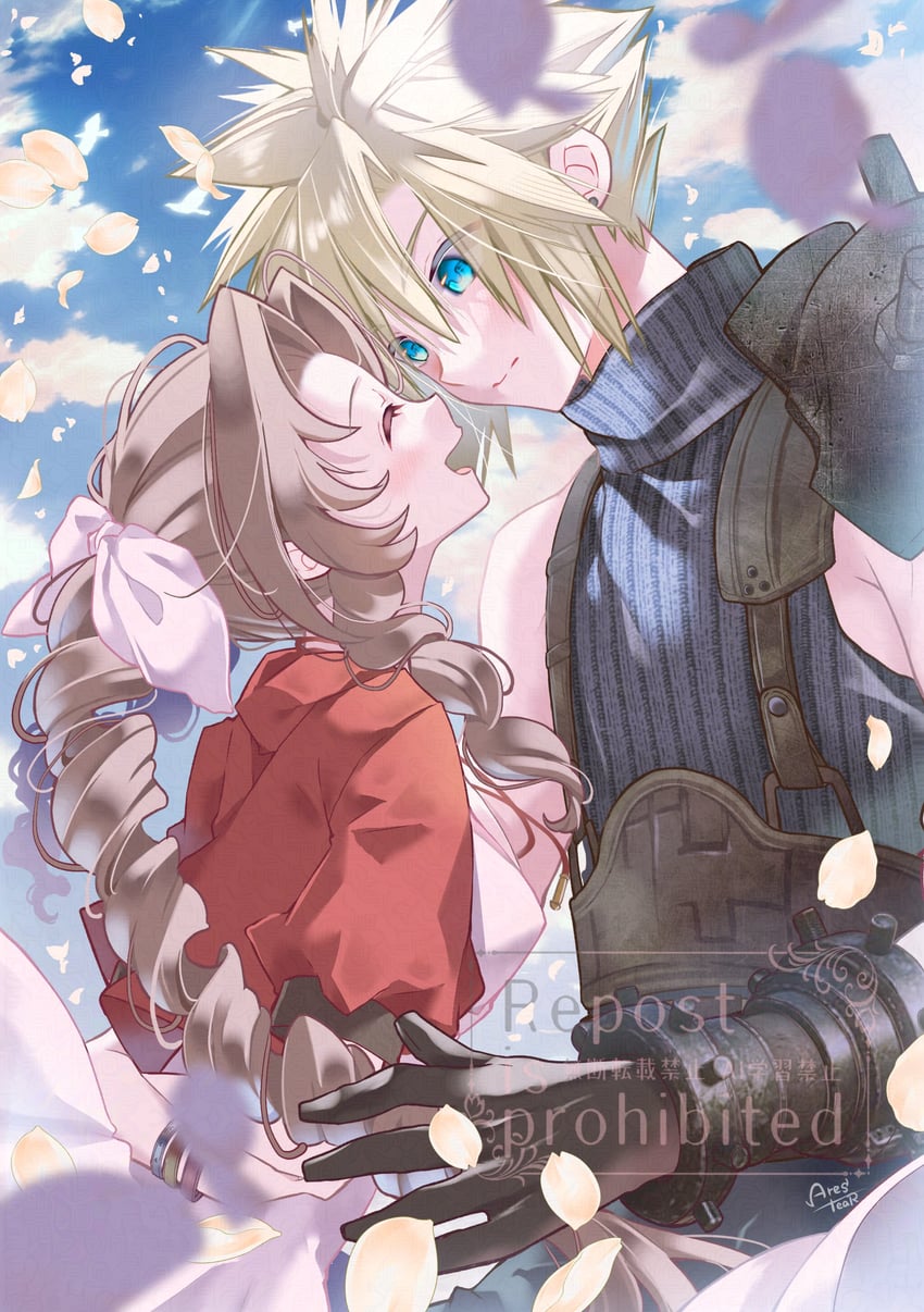 cloud strife and aerith gainsborough (final fantasy and 3 more) drawn by arestear0701