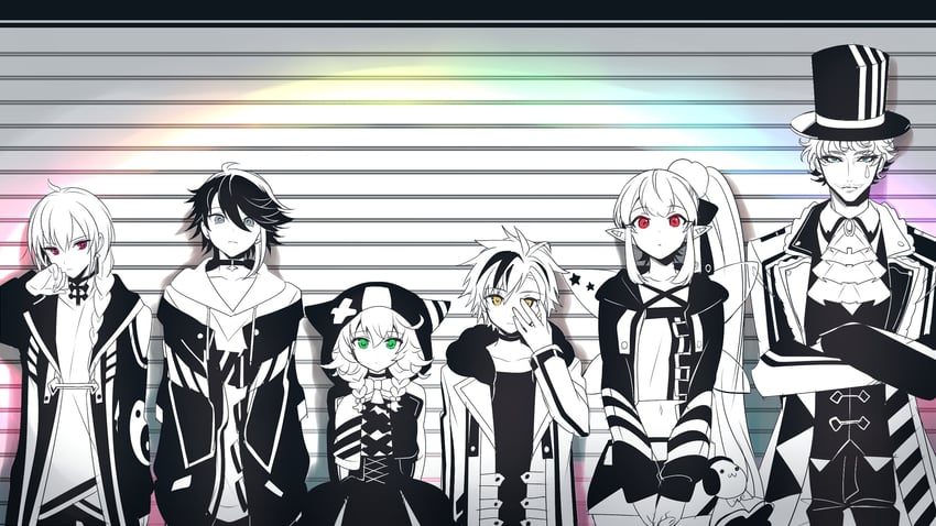 ryuushen, saegusa akina, elu, warabeda meiji, suzuki masaru, and 1 more (nijisanji) drawn by ninahachi