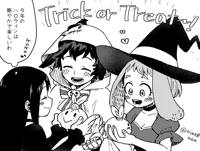 midoriya izuku, uraraka ochaco, and asui tsuyu (boku no hero academia) drawn by aiue0