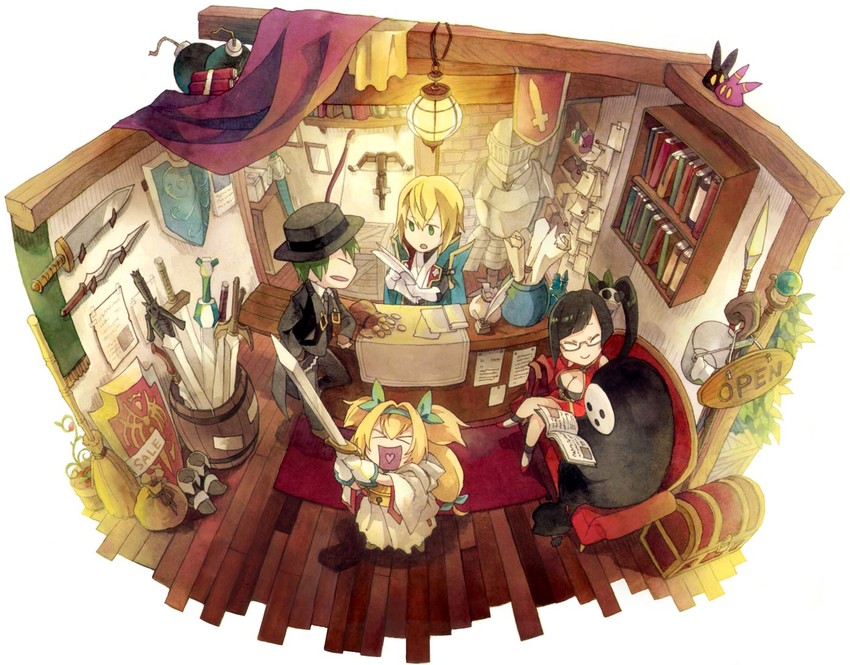 jin kisaragi, platinum the trinity, hazama, litchi faye ling, and arakune (blazblue) drawn by dodomura