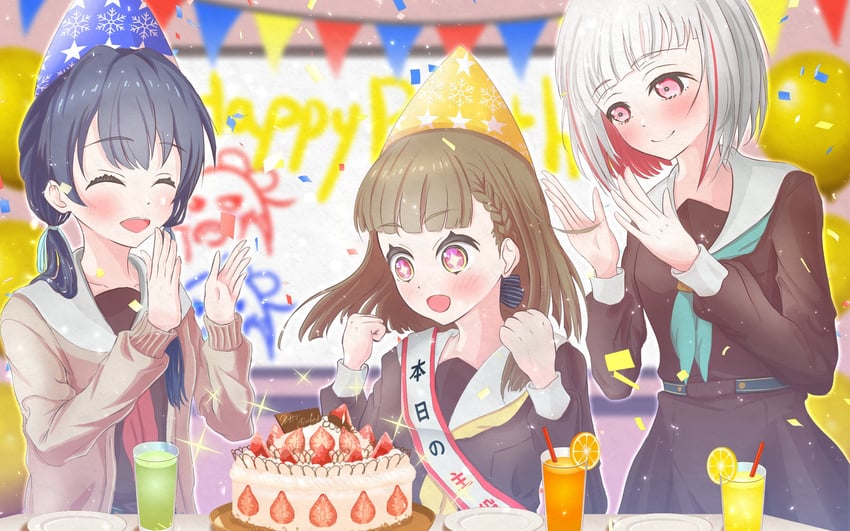 murano sayaka, yugiri tsuzuri, and kachimachi kosuzu (love live! and 1 more) drawn by bairasu_02
