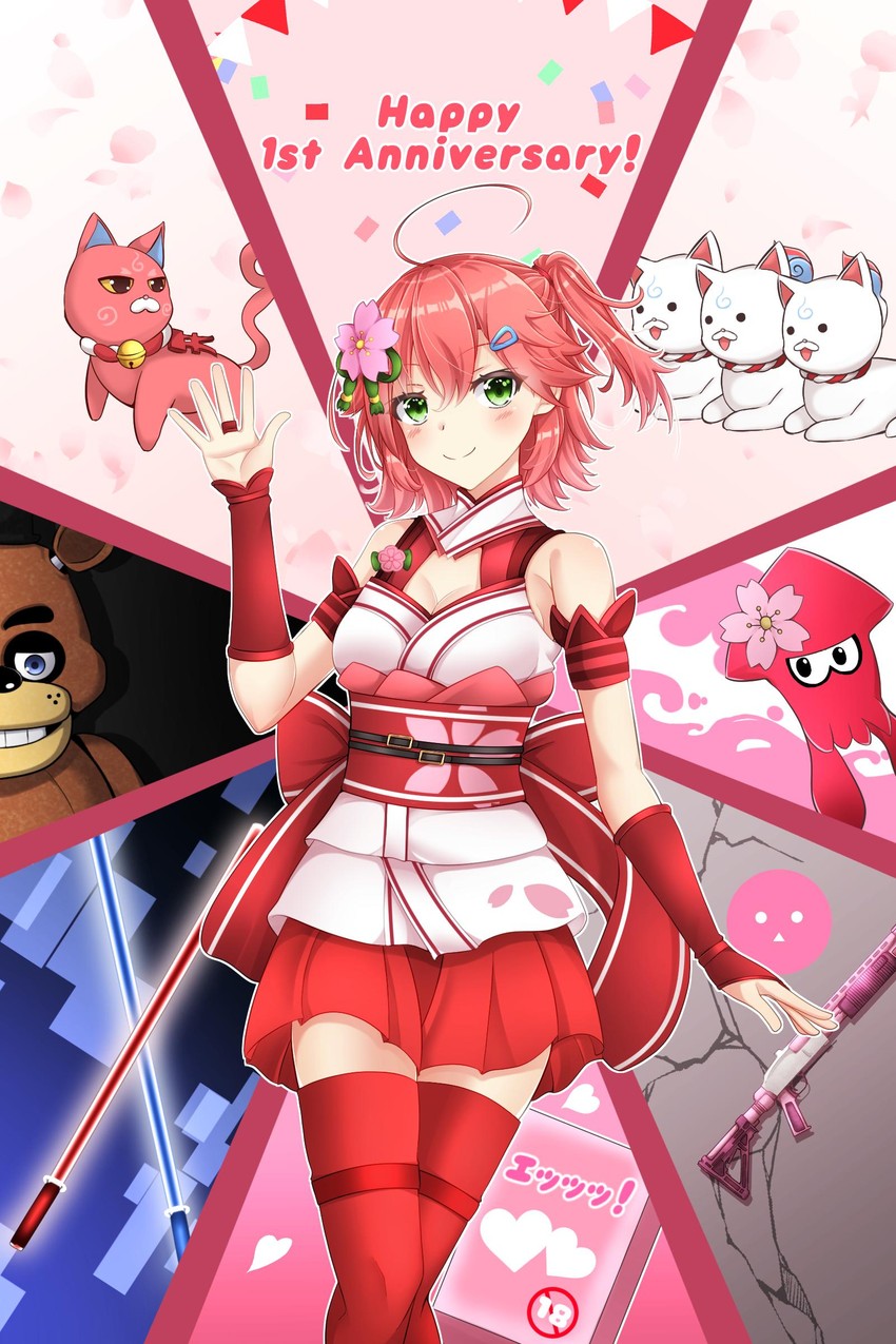 inkling player character, sakura miko, 35p, kintoki, and freddy fazbear (hololive and 3 more) drawn by rin_(0917608)