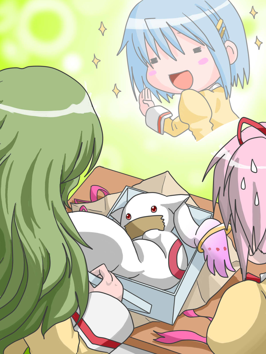 kaname madoka, miki sayaka, kyubey, and shizuki hitomi (mahou shoujo madoka magica) drawn by hohetomaru