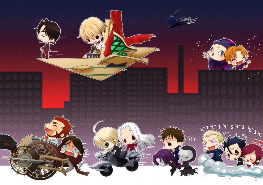 artoria pendragon, saber, kotomine kirei, iskandar, waver velvet, and 11 more (fate and 1 more) drawn by kari_(cocktail_box)