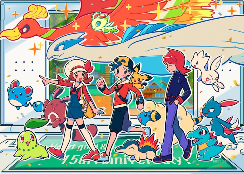 ethan, lyra, silver, cyndaquil, chikorita, and 10 more (pokemon and 1 more) drawn by chueog