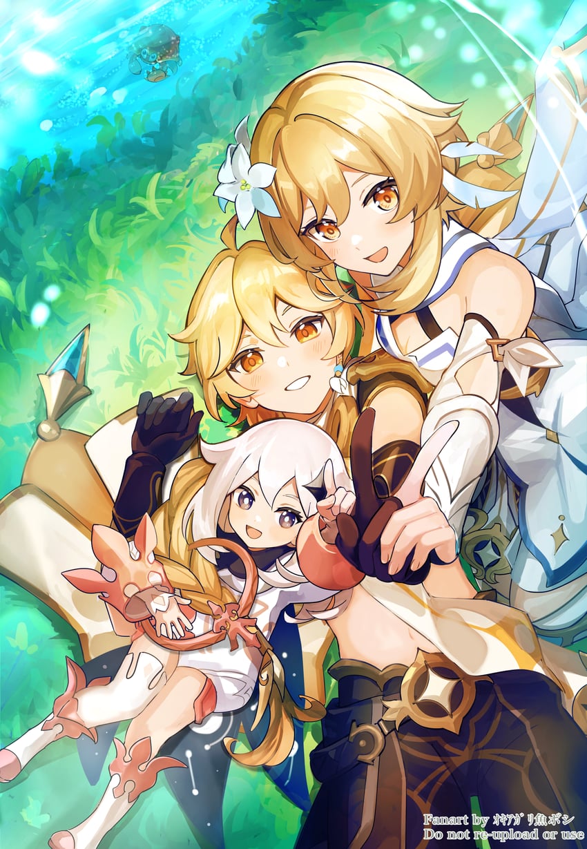 lumine, aether, paimon, and armored crab (genshin impact) drawn by okkobc