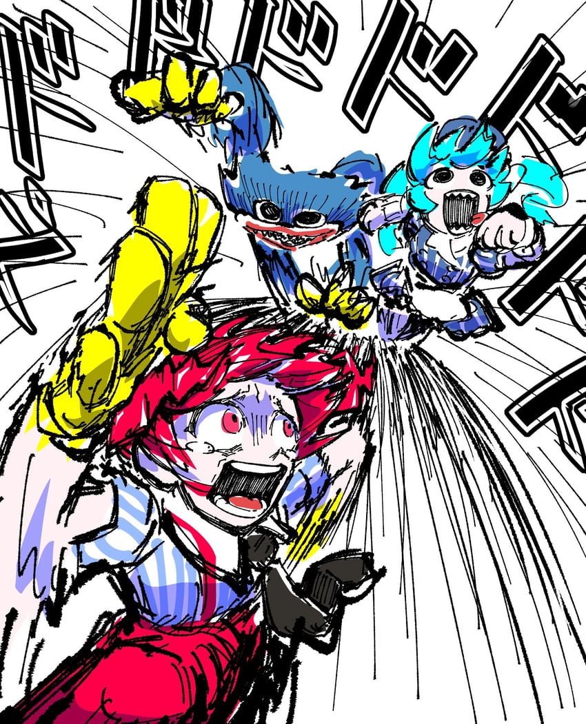 hatsune miku, kasane teto, and huggy wuggy (vocaloid and 3 more) drawn by tansu_(kiritns_mk)