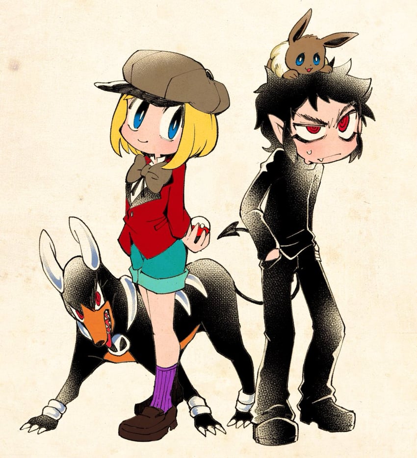 eevee, houndoom, phillip pirrup, and damien thorn (pokemon and 1 more) drawn by chiyo_(shuten_dj)