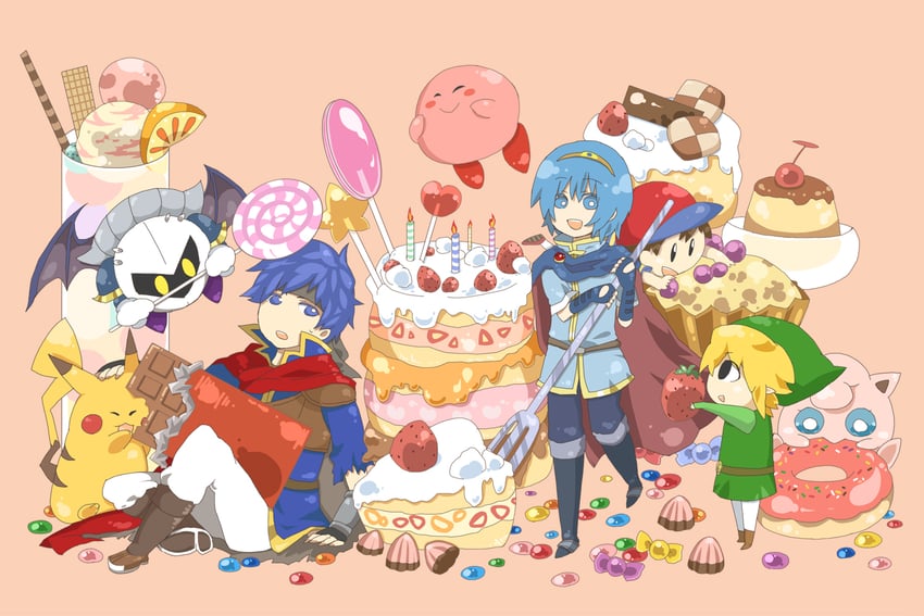 link, pikachu, kirby, ike, jigglypuff, and 4 more (pokemon and 8 more) drawn by kuroka24