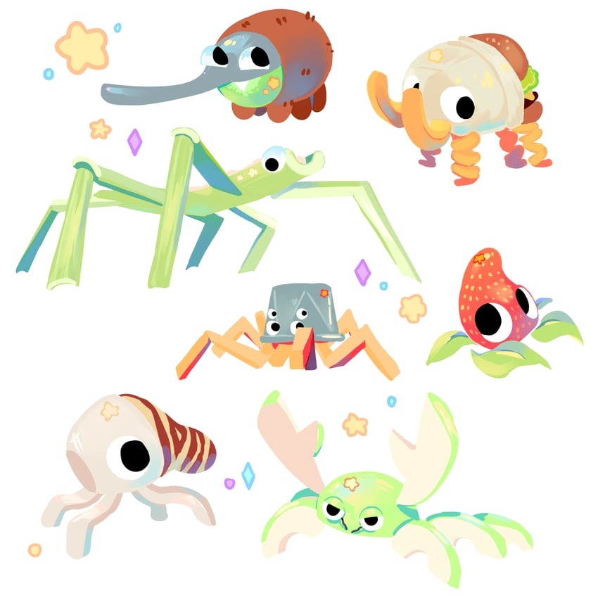 bunger, strabby, crapple, cellystix, fryder, and 2 more (bugsnax) drawn by spybblez