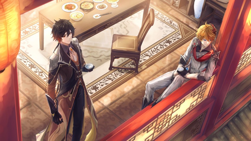 zhongli and tartaglia (genshin impact) drawn by fuyuni0307