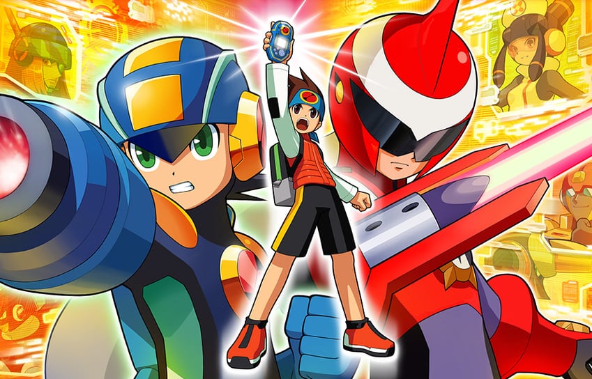 megaman.exe, lan hikari, protoman.exe, meddy.exe, searchman.exe, and 3 more (mega man and 2 more)