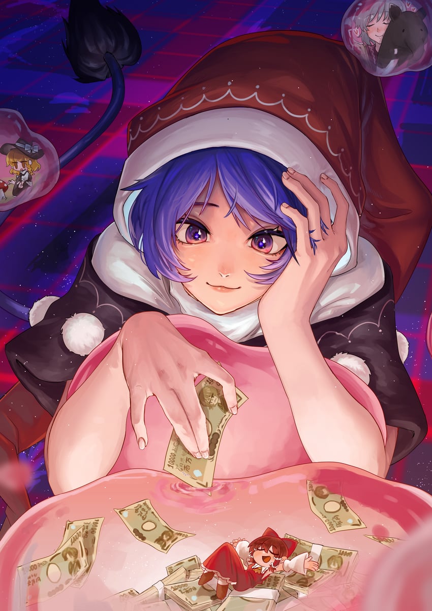 hakurei reimu, kirisame marisa, kishin sagume, and doremy sweet (touhou) drawn by rlwezar