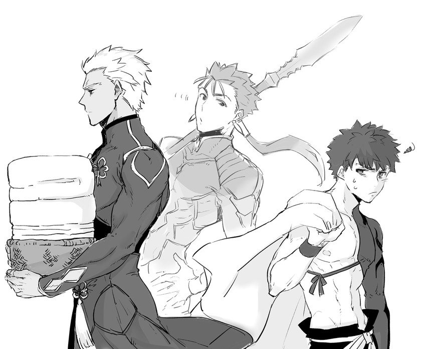 emiya shirou, cu chulainn, archer, and senji muramasa (fate and 1 more) drawn by shibanui