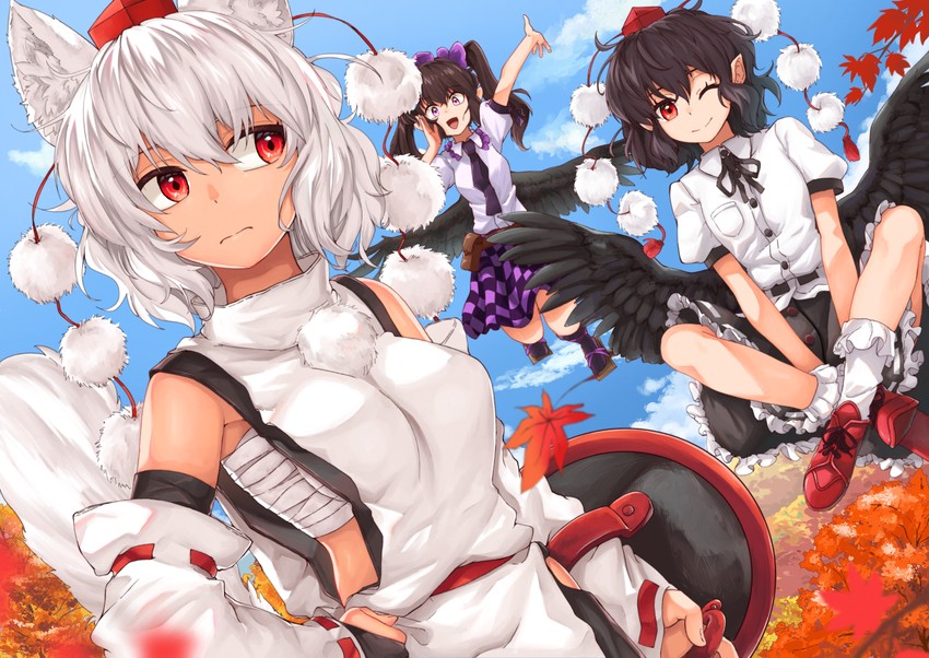 shameimaru aya, inubashiri momiji, and himekaidou hatate (touhou) drawn by shirokaba114