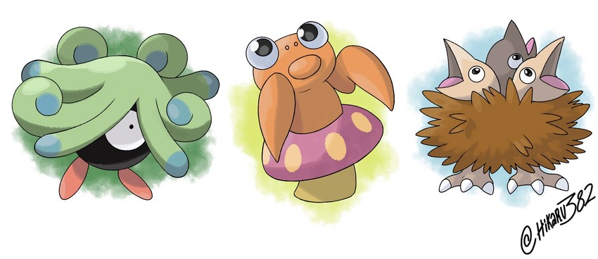 monja, hinaazu, and para (pokemon and 1 more) drawn by hikaru382