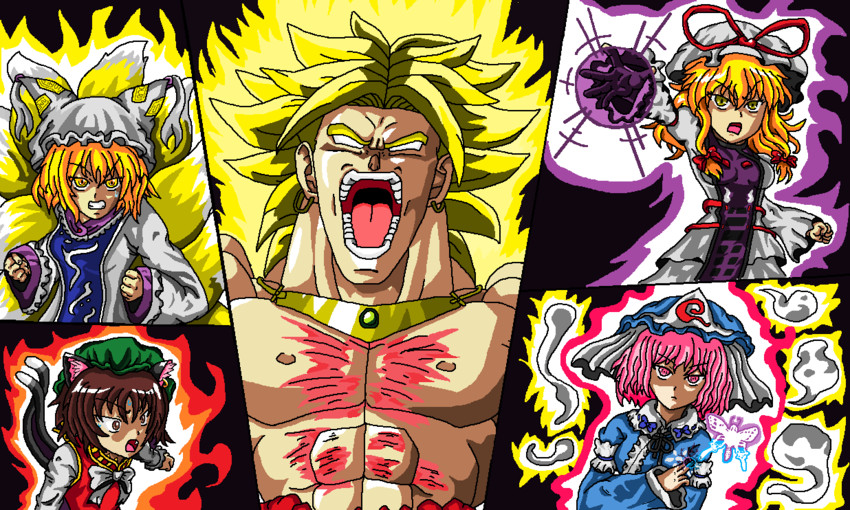 yakumo yukari, saigyouji yuyuko, yakumo ran, chen, and broly (touhou and 2 more) drawn by rimongri