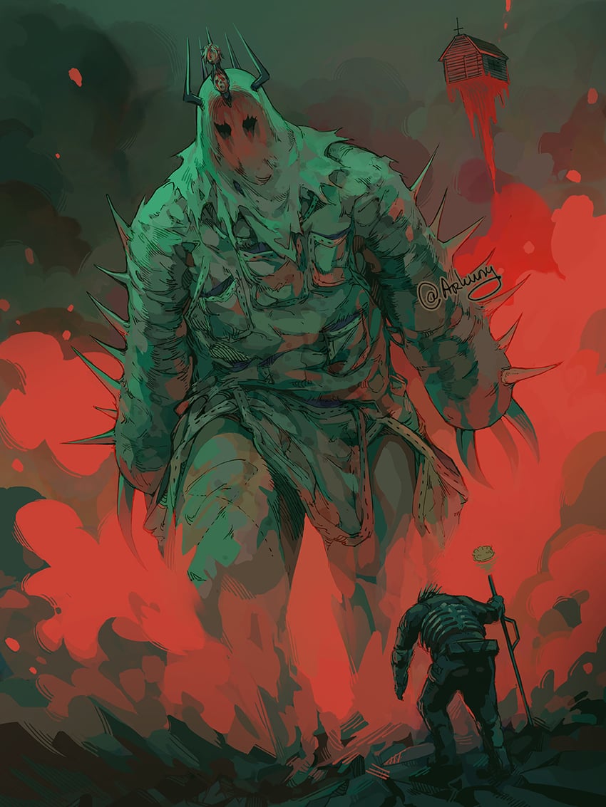 nikaidou, caiman, kawajiri, hole, and black house (dorohedoro) drawn by arkuny