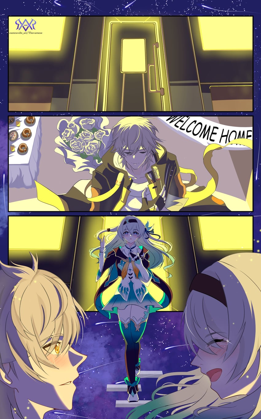 trailblazer, firefly, and caelus (honkai and 1 more) drawn by thevarnese