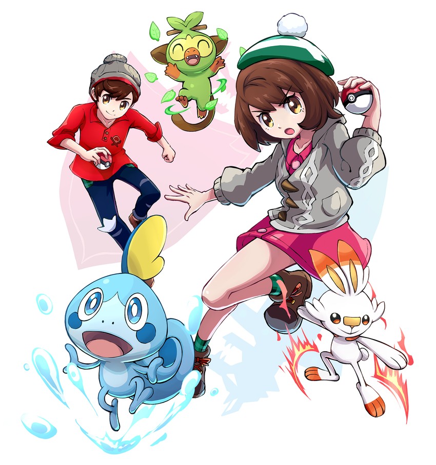 gloria, scorbunny, sobble, victor, and grookey (pokemon and 1 more) drawn by krr316