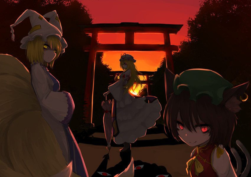 yakumo yukari, yakumo ran, and chen (touhou) drawn by aizettonagi