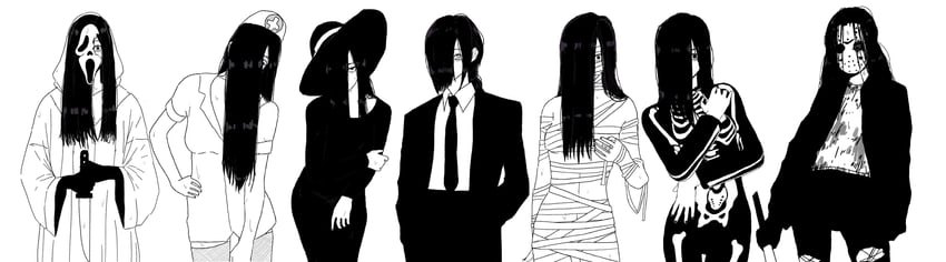makima, yamamura sadako, jason voorhees, and ghostface (chainsaw man and 3 more) drawn by virtuware