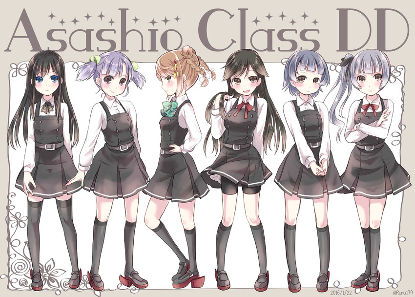 asashio, kasumi, michishio, kasumi kai ni, arashio, and 2 more (kantai collection) drawn by aikawa_ruru
