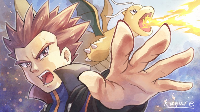 dragonite and lance (pokemon and 1 more) drawn by kagure_(karaguren)