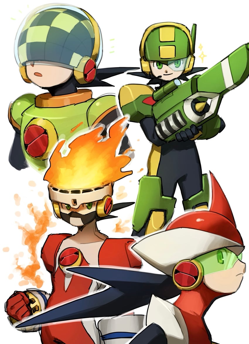 megaman.exe, protoman.exe, numberman.exe, searchman.exe, and fireman.exe (mega man and 2 more) drawn by noro_zt
