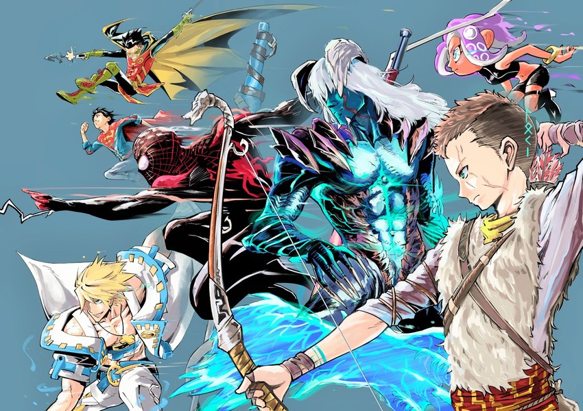 octoling player character, robin, nero, miles morales, spider-man, and 5 more (splatoon and 12 more) drawn by nanbaba