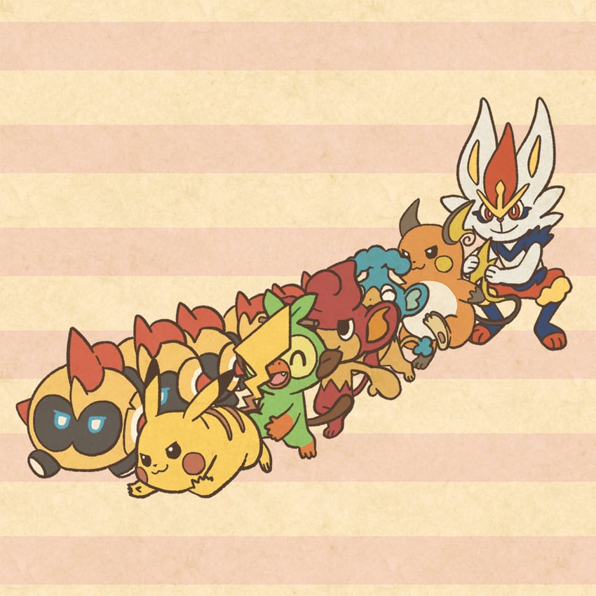 pikachu, grookey, cinderace, raichu, falinks, and 2 more (pokemon and 1 more) drawn by mojacookie