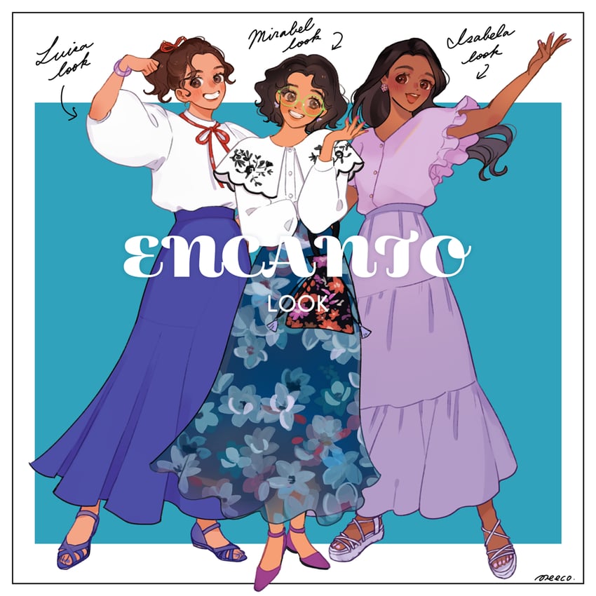 mirabel madrigal, isabela madrigal, and luisa madrigal (encanto) drawn by meecosme