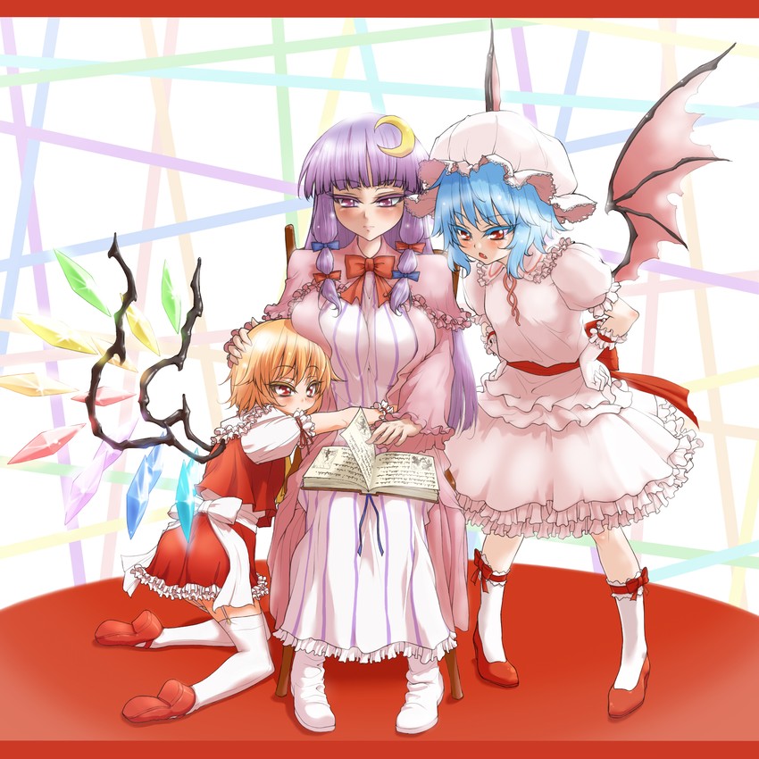 remilia scarlet, flandre scarlet, and patchouli knowledge (touhou) drawn by demekyon