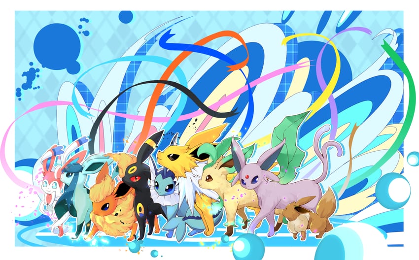 eevee, sylveon, umbreon, glaceon, vaporeon, and 4 more (pokemon) drawn by ayakaze_(kurousagi5129)