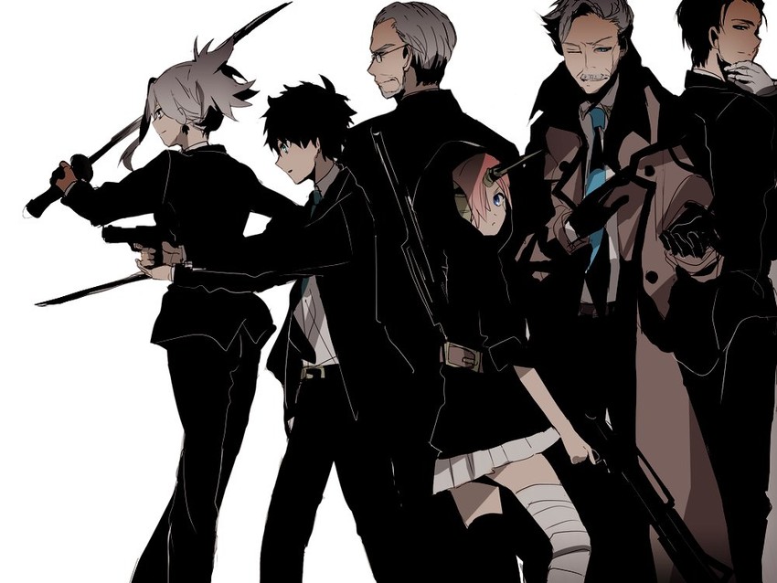 fujimaru ritsuka, miyamoto musashi, frankenstein's monster, james moriarty, sherlock holmes, and 1 more (fate and 1 more) drawn by hiiragi_fuyuki