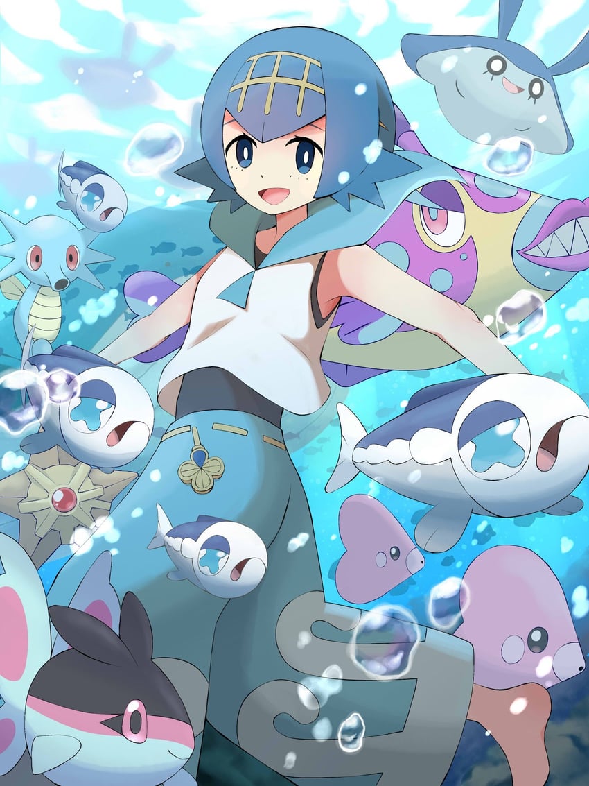 lana, luvdisc, staryu, wishiwashi, horsea, and 3 more (pokemon and 1 more) drawn by shabana_may