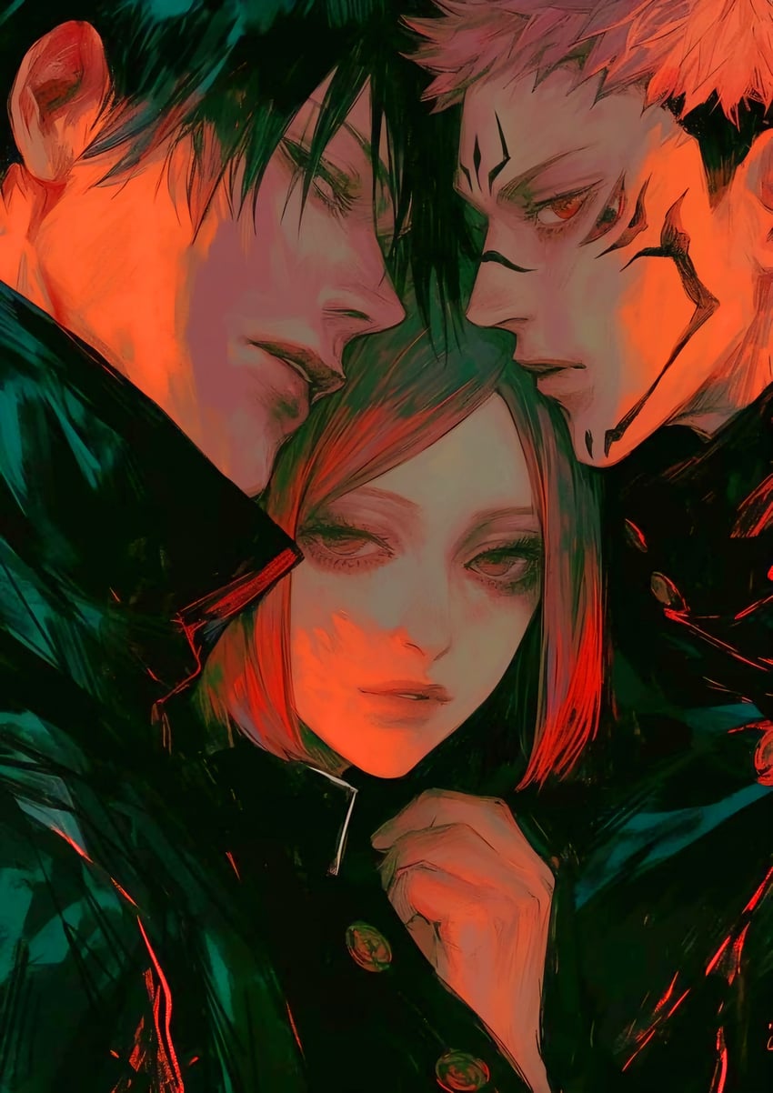 itadori yuuji, fushiguro megumi, kugisaki nobara, and ryoumen sukuna (jujutsu kaisen) drawn by nevermorenumb